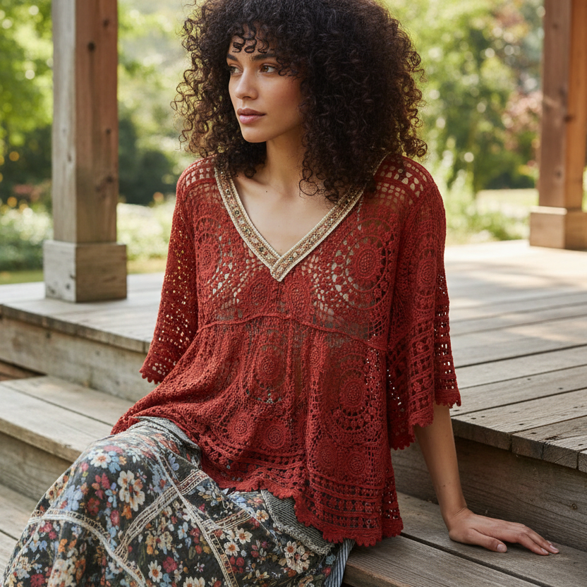 POL Beaded Contrasting V-Neck Top Openwork Granny Crochet Scalloped Hem Blouse Ginger
