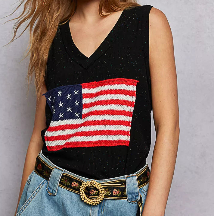 POL Crochet American Flag Patchwork Ribbed Tank Top V-Neck Sleeveless Shirt Black
