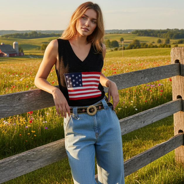 POL Crochet American Flag Patchwork Ribbed Tank Top V-Neck Sleeveless Shirt Black