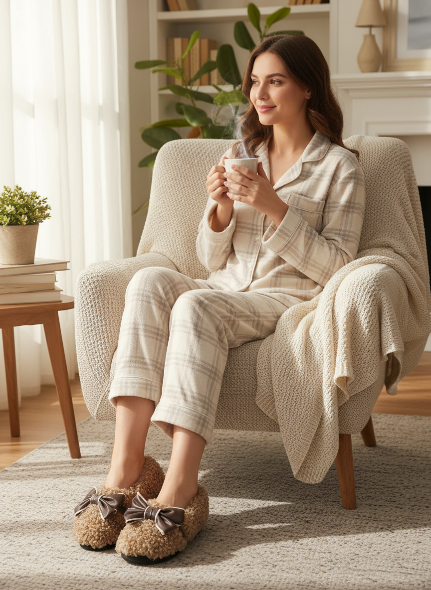 Oversized Bow Faux Lamb Fur Flat Slippers Plush Vegan Slip-On House Shoes