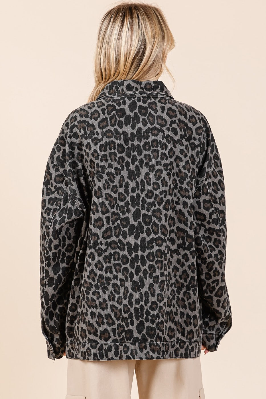 MittoShop Leopard Animal Cotton Denim Jacket Collared Boyfriend Jean Shacket