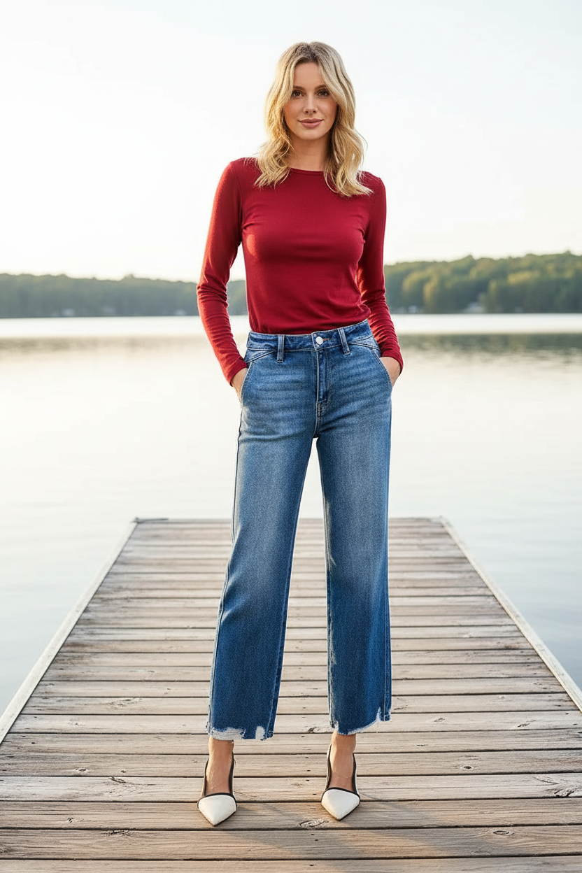 Risen High-Rise Flat Front Straight Leg Jeans Distressed Ankle Hem Demim Pants