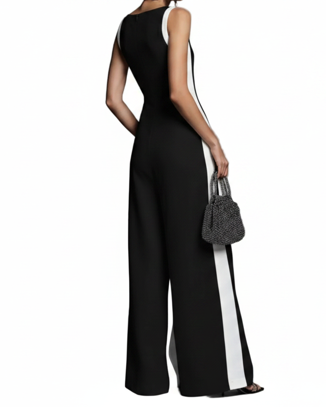Contrasting Deep V-Neck Wide Leg Pants Sleeveless One-Piece Zipper Back Jumpsuit