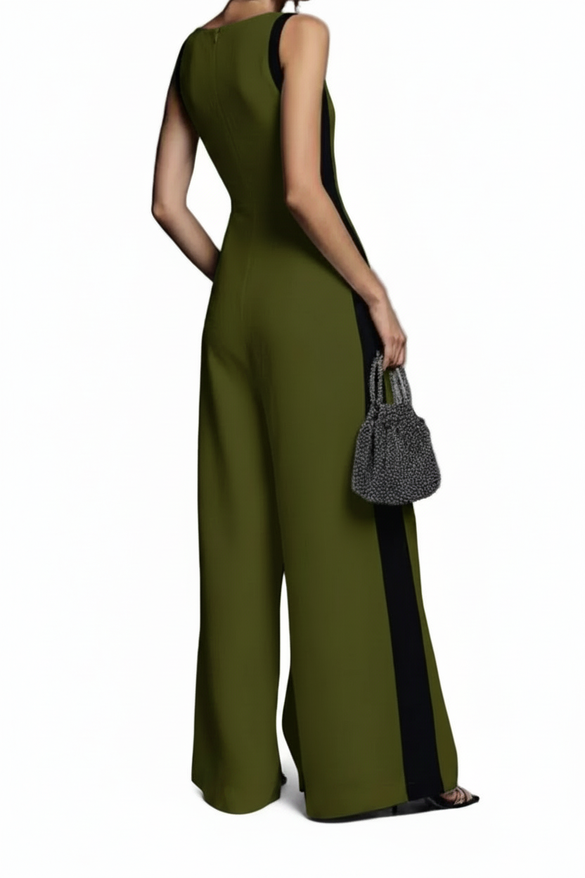Contrasting Deep V-Neck Wide Leg Pants Sleeveless One-Piece Zipper Back Jumpsuit