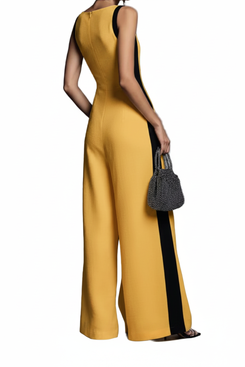 Contrasting Deep V-Neck Wide Leg Pants Sleeveless One-Piece Zipper Back Jumpsuit