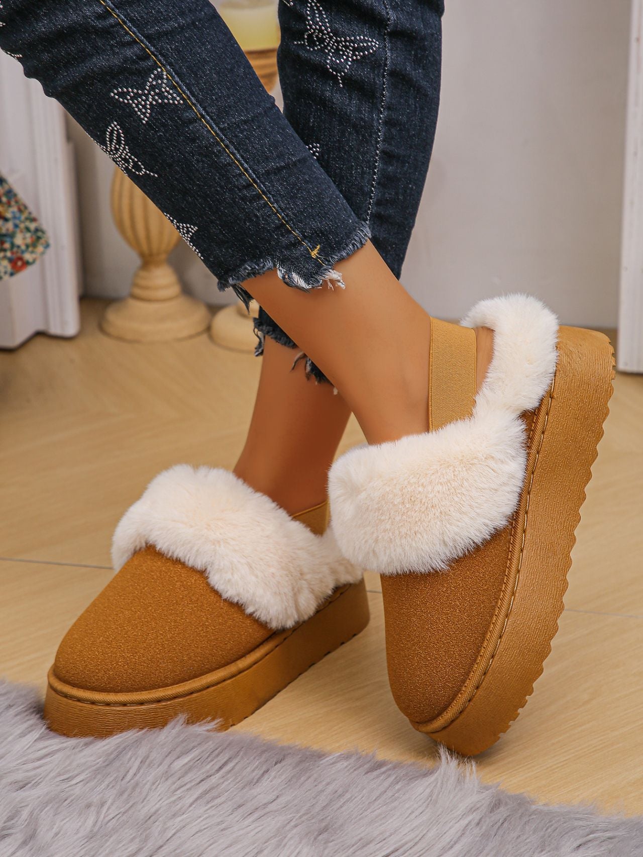 Platform Slippers Funkette Plush Faux Fur Slip-on Vegan Suede Ankle Strap Shoes