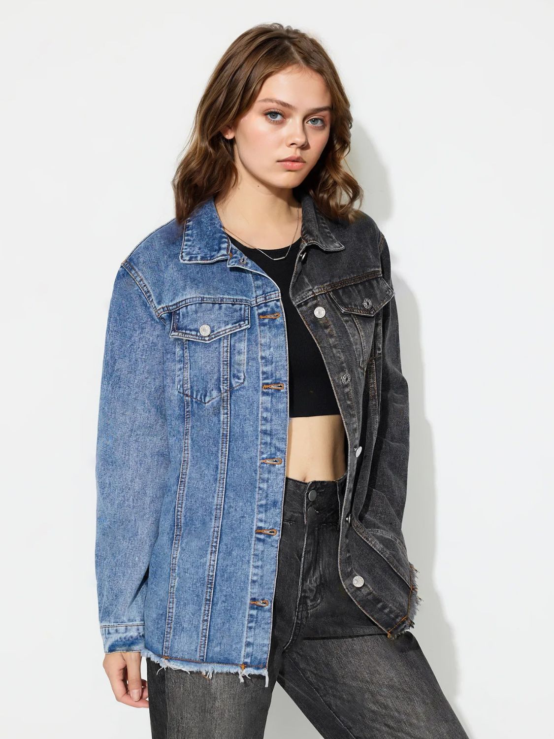 Two-tone Oversized Contrasting Denim Button-Up Jean Jacket Frayed Raw Hem Top