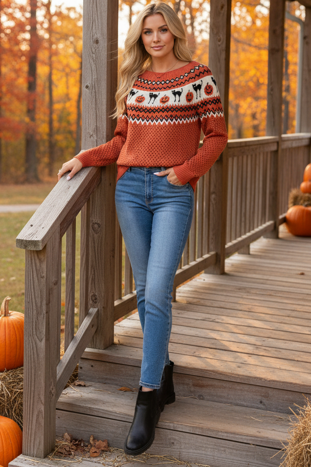 Black Cat Jack-O'-Lantern Pumpkin Fair Isle Halloween Top Crew Neck Knit Sweater
