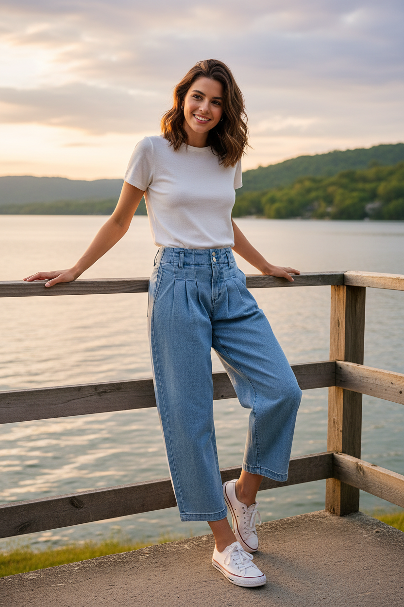 Risen High-Rise Pleated Baggy Tapered Horseshoe Barrel Leg Cropped Denim Jeans