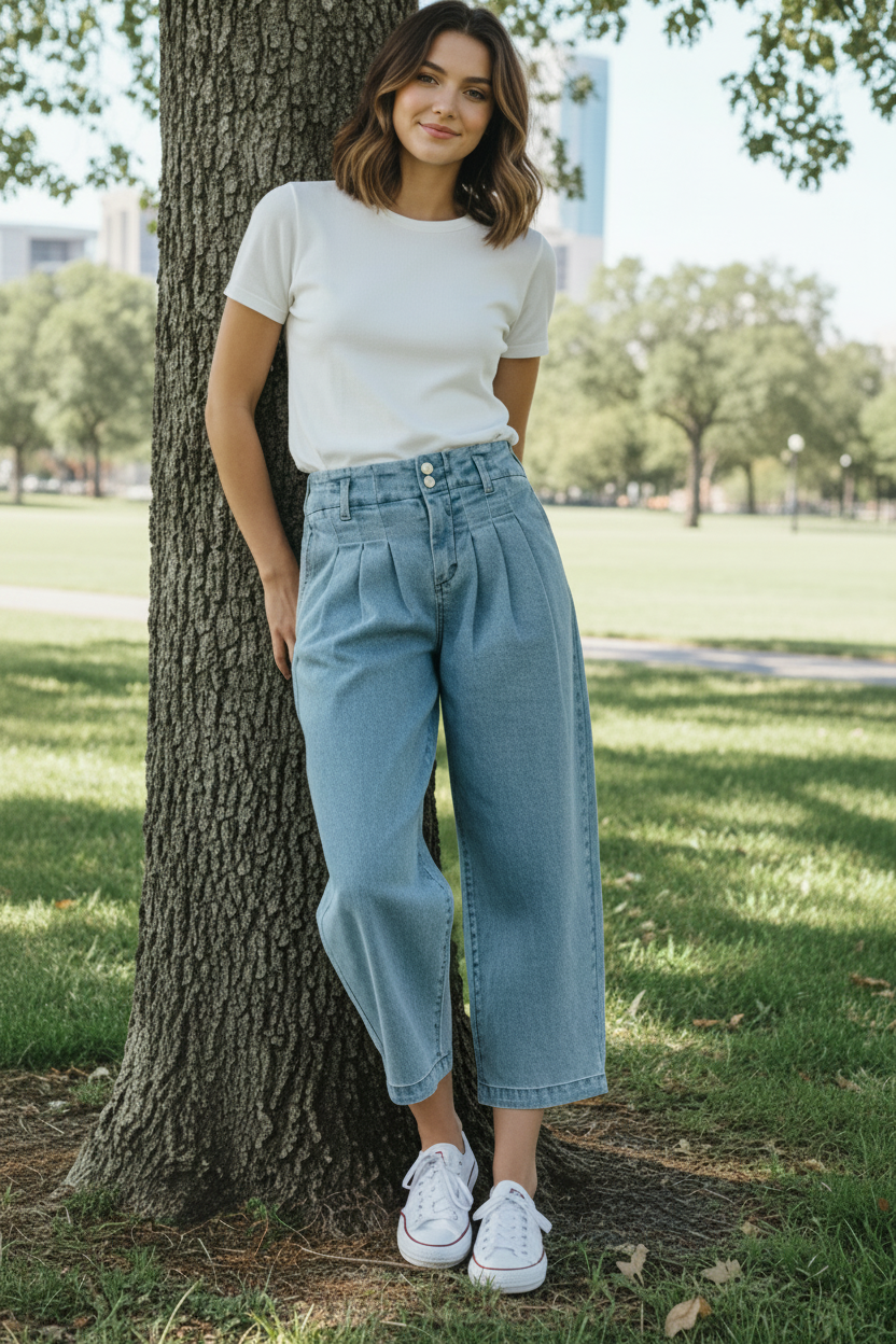 Risen High-Rise Pleated Baggy Tapered Horseshoe Barrel Leg Cropped Denim Jeans