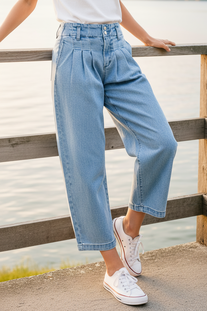 Risen High-Rise Pleated Baggy Tapered Horseshoe Barrel Leg Cropped Denim Jeans