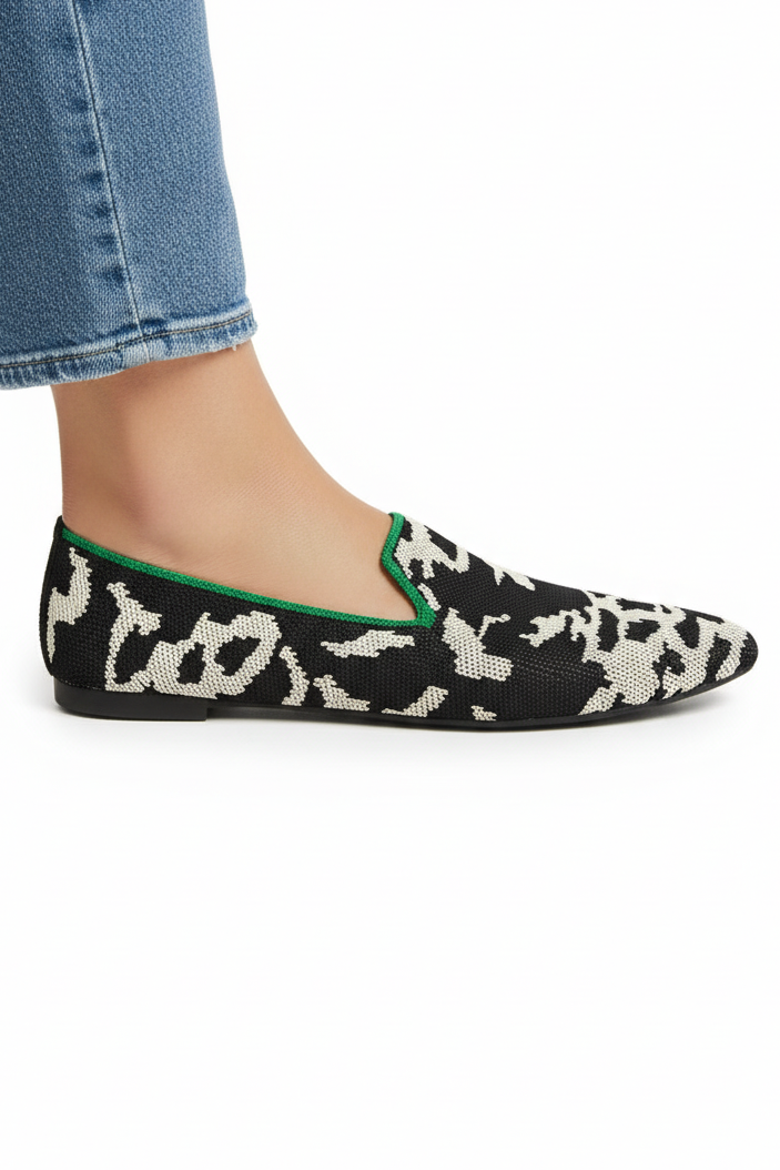 Contrasting Animal Knit Shoes Pointed Toe Slip-On Loafer Colorful Trim Ballet Flats