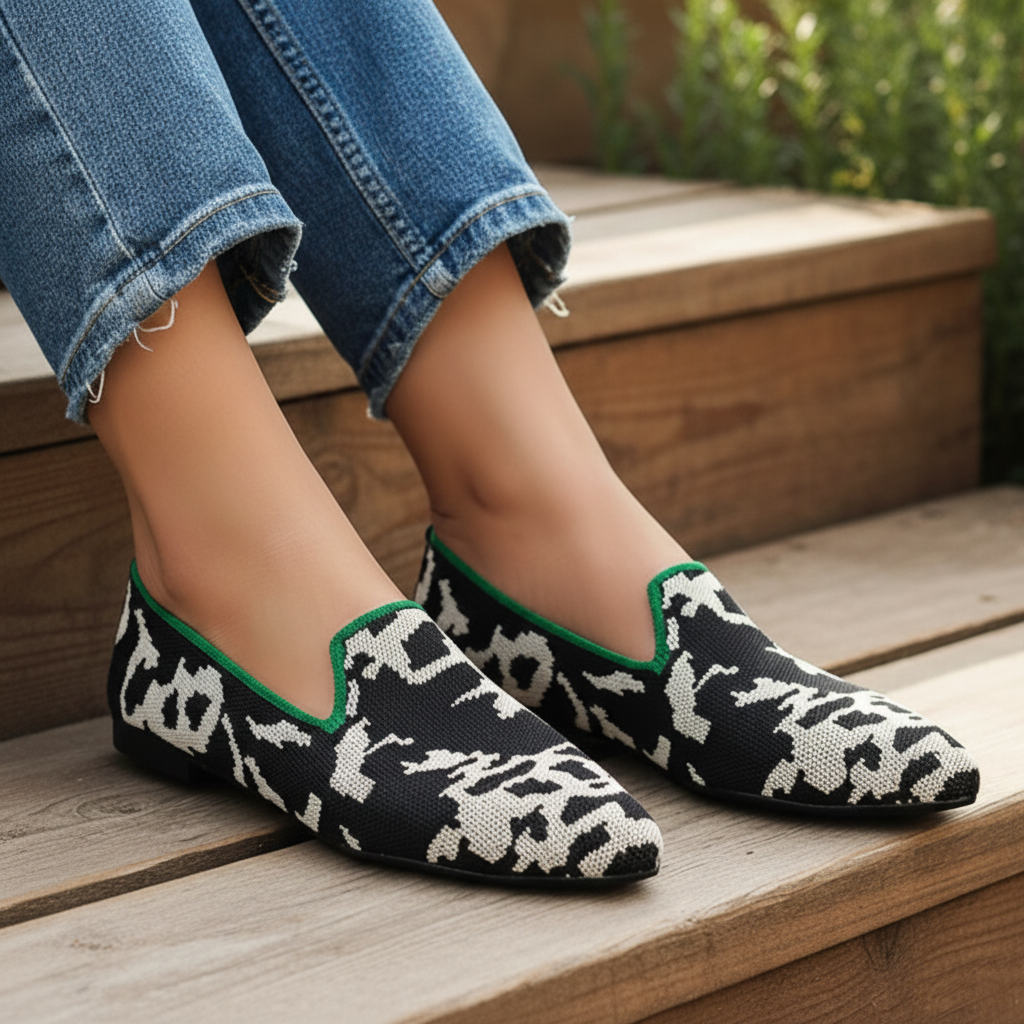 Contrasting Animal Knit Shoes Pointed Toe Slip-On Loafer Colorful Trim Ballet Flats