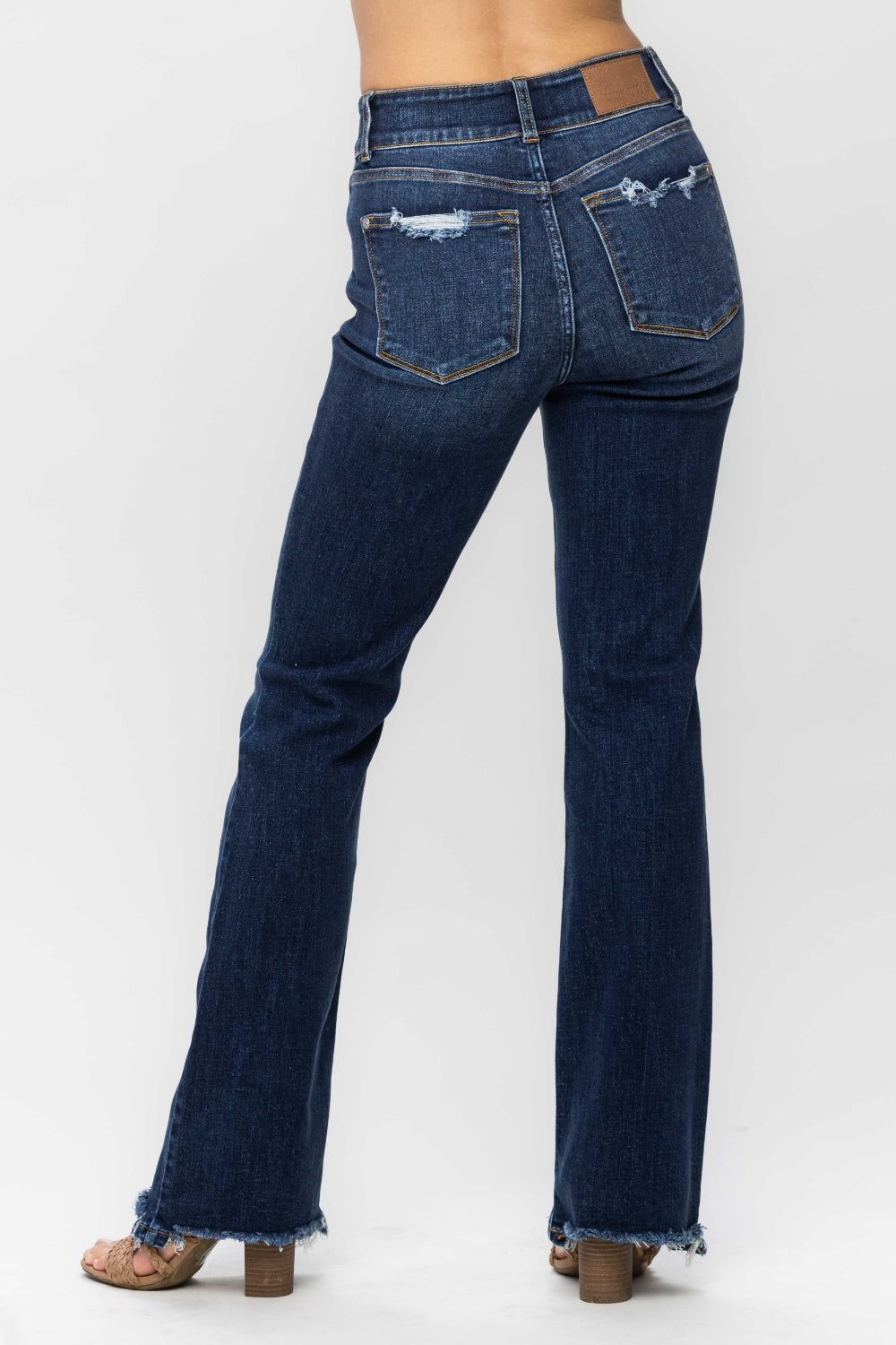 Judy Blue High-Rise Jeans Double Button Bootcut Distressed Torn Hem Denim Pants