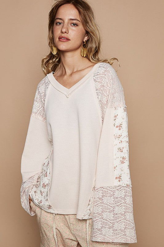 POL Waffle Knit Lace Patchwork Granny Floral Top Oversized Boho Sweater Shirt