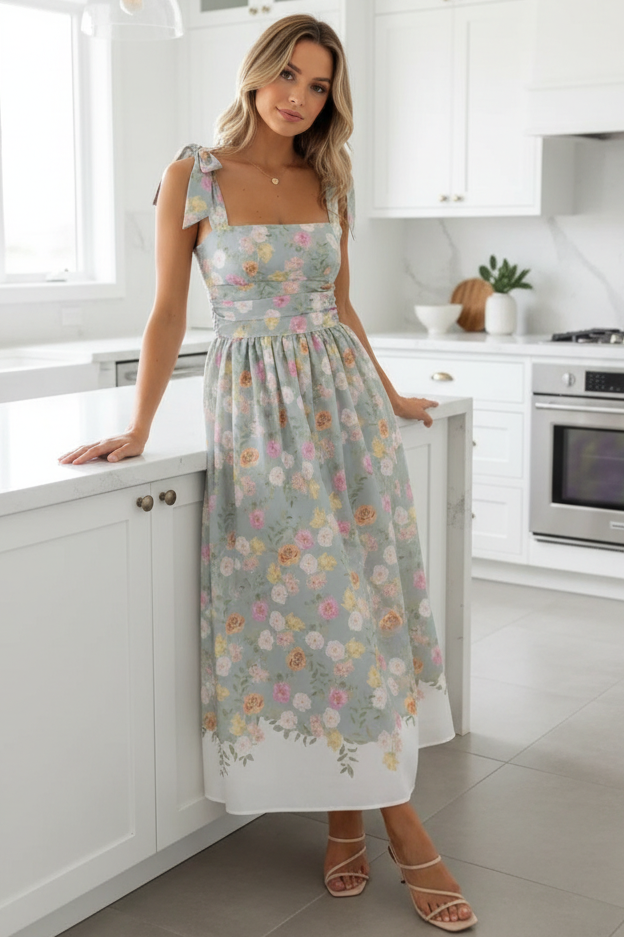 Floral Bow Tie Shoulder Ruched Waist Square Neck Midi Dress