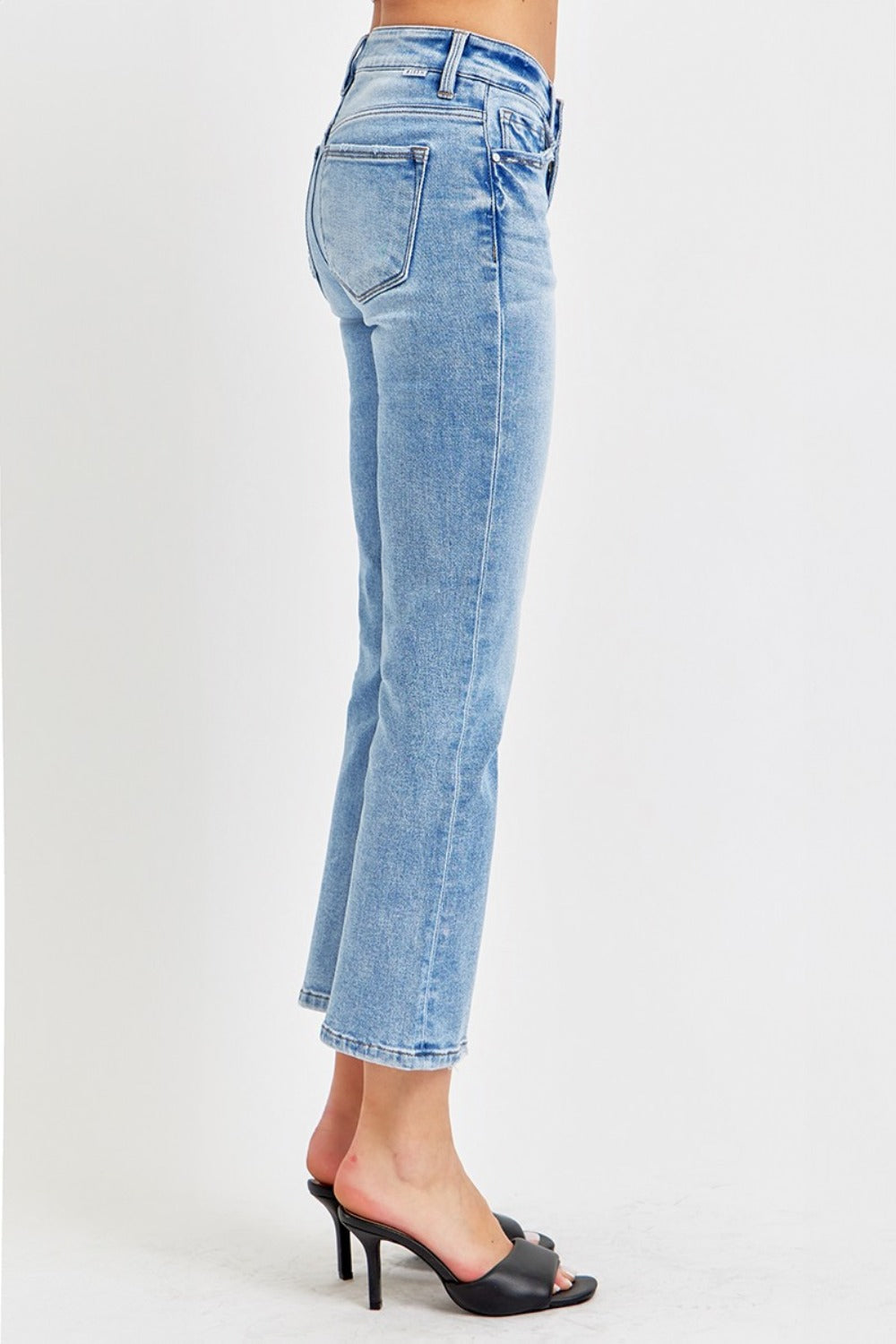 RISEN Low-Rise Waist Distressed Straight Leg Jeans Cropped Raw Hem Denim Pants