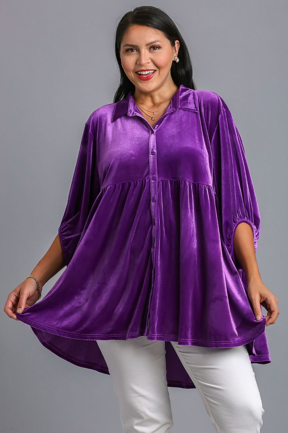 Umgee Velvet Boho Oversized Top Peplum Babydoll Tunic Shirt Tiered Velour Blouse