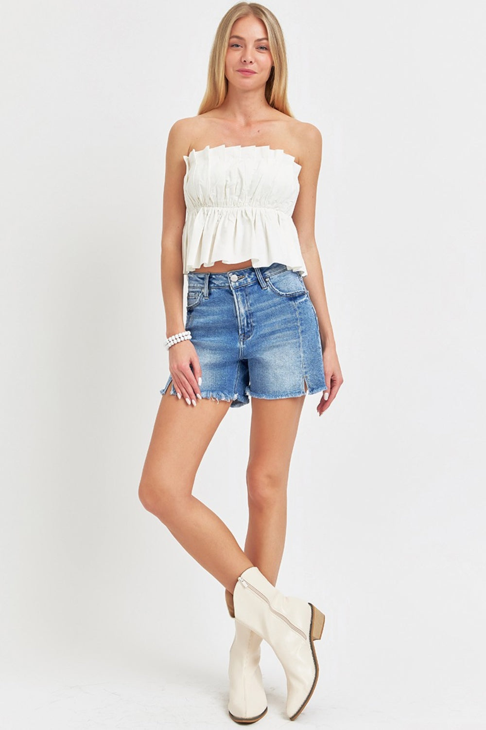 RISEN Mid-Rise Cut-off Retro Frayed Side Slit Relaxed Boyfriend Jean Midi Shorts