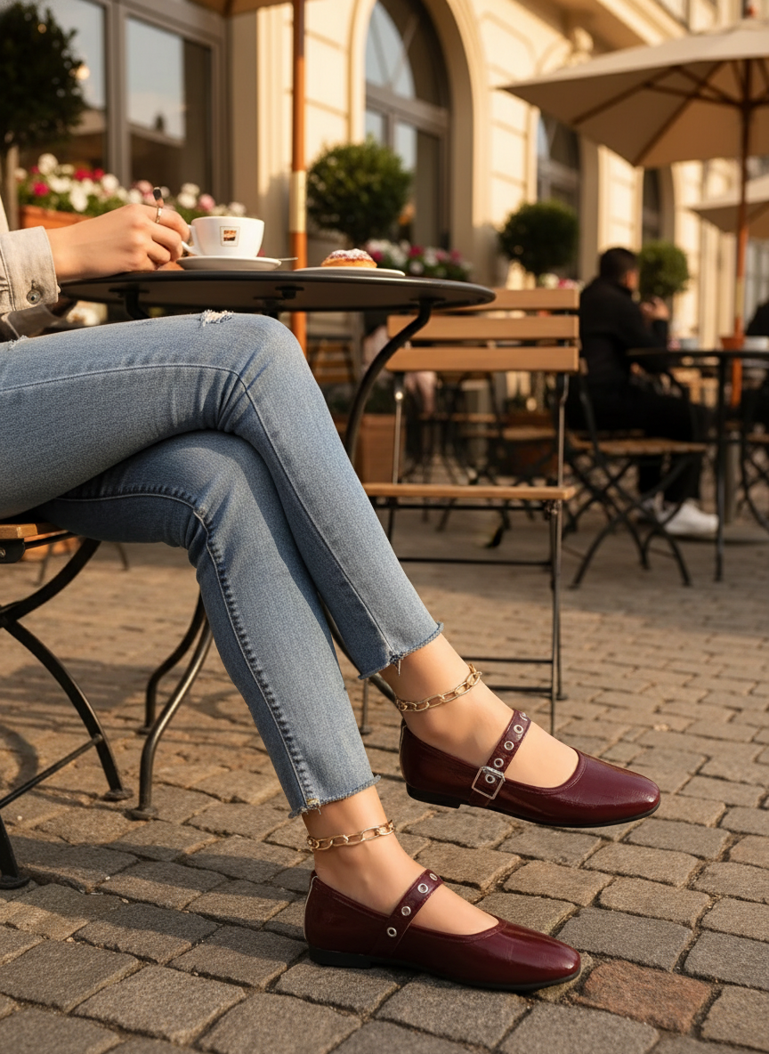 Mary Jane Loafers Glossy Vegan Patent Leather Round Toe Ballet Flats Buckle Shoes