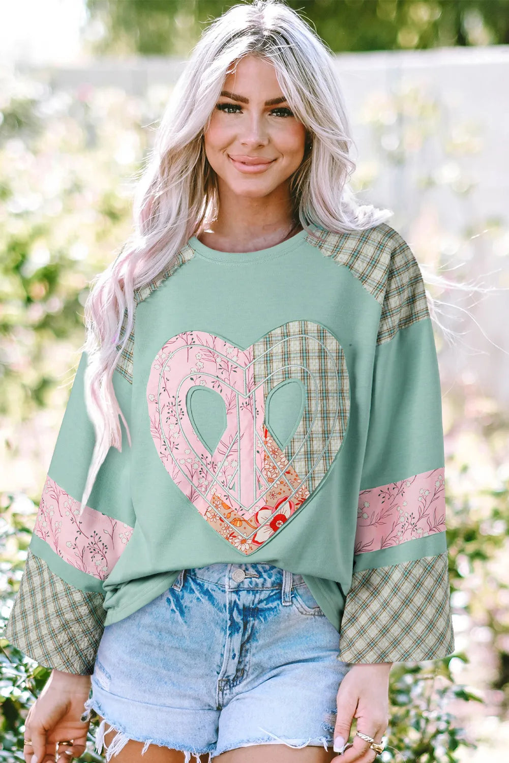 Peace Heart Plaid Floral Patchwork Blouse Long Sleeve Top Oversized Hippie Boho Shirt