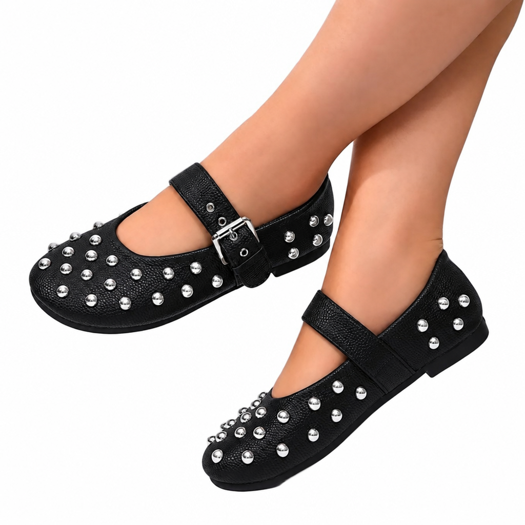 Studded Mary Jane Ballet Flats Faux Pebble Leather Round Toe Buckle Strap Shoes