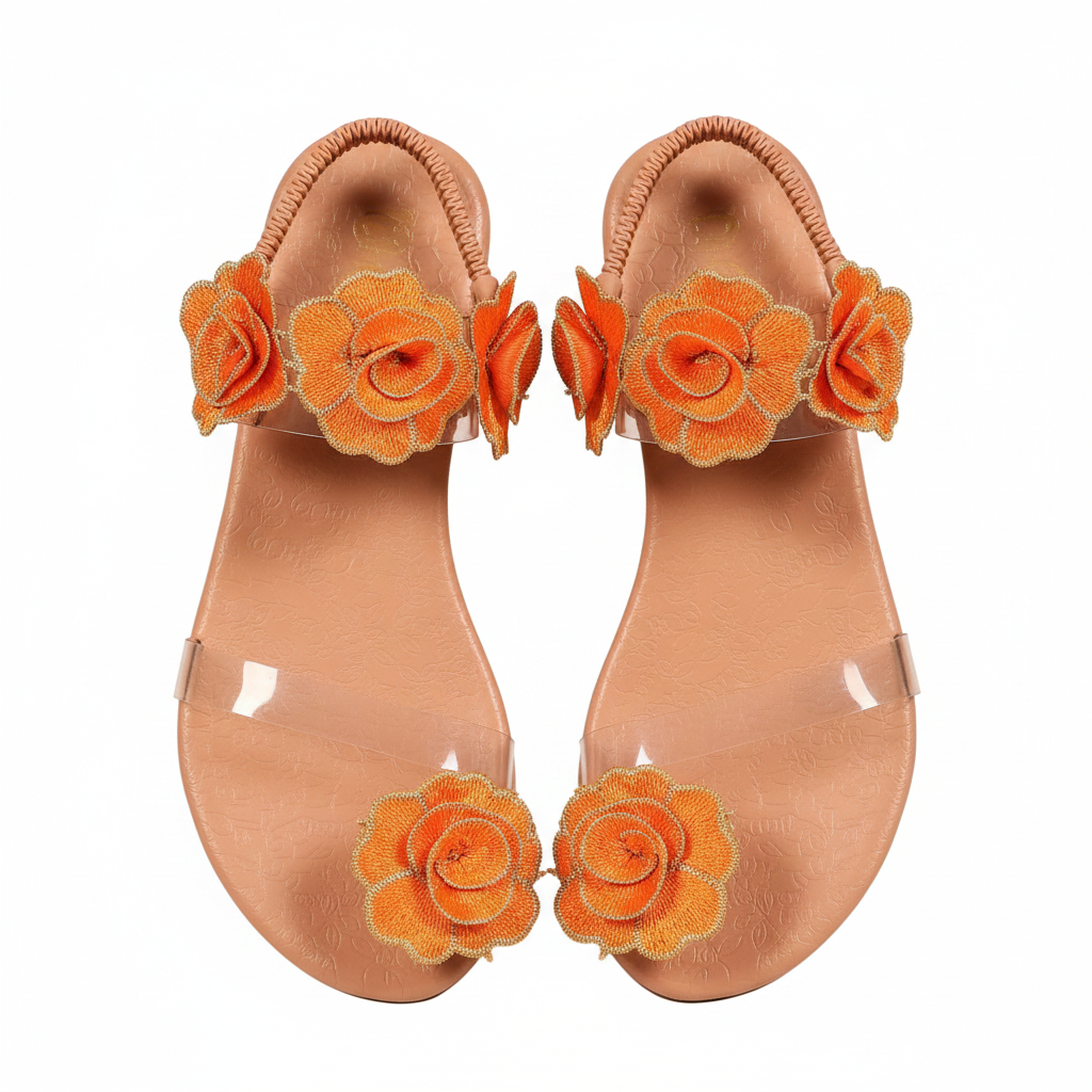 Rose 3D Floral Toe Loop Sandals Strappy Flats Sling Back Elastic Heel Shoes