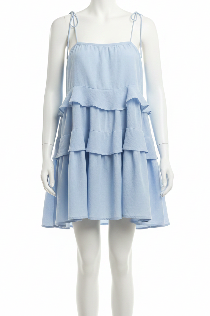 Cotton Ruffle Layer Tiered Bow Tie Shoulder Oversized Low Back Mini Dress