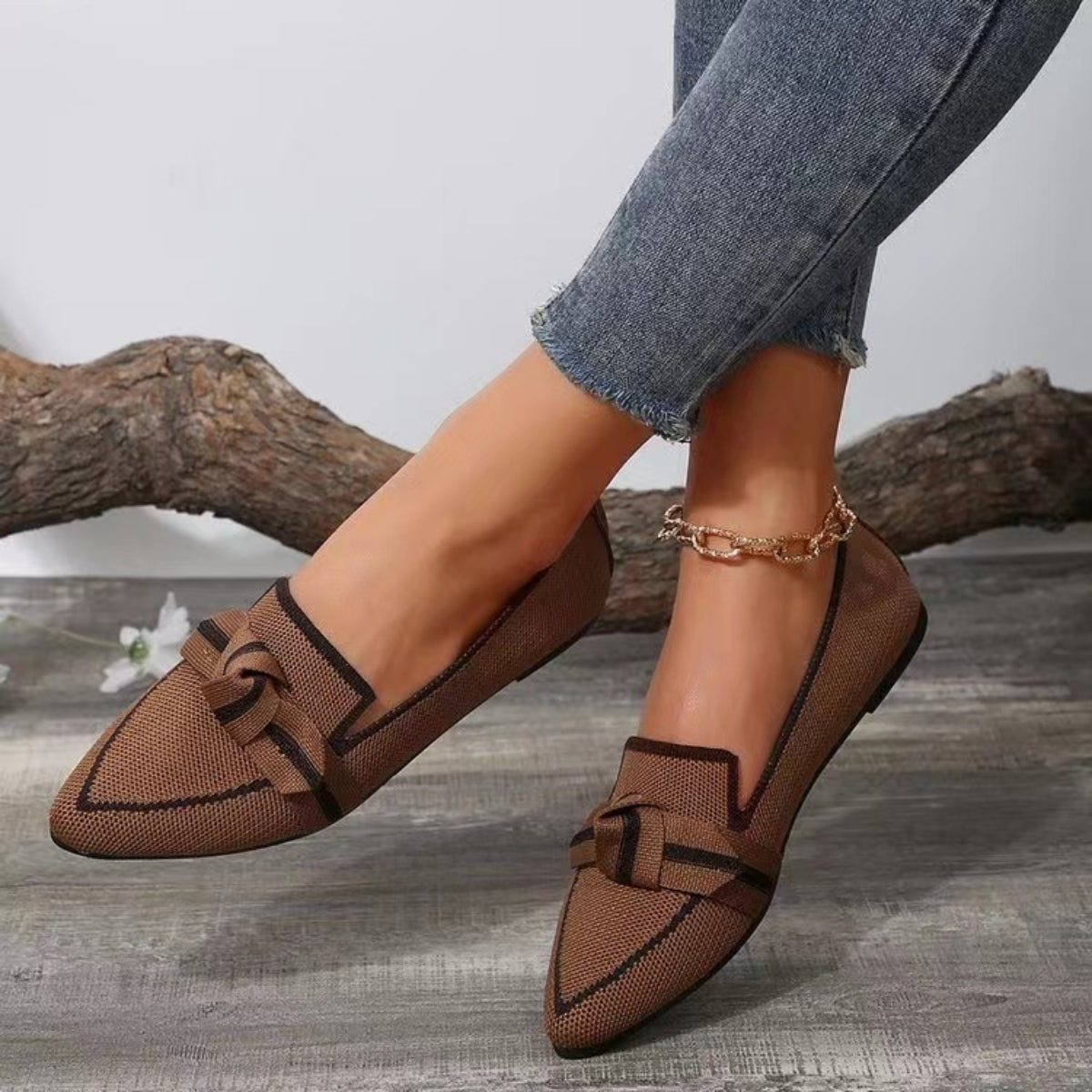 Pointed Bow Top Knit Contrasting Stripe Ballet Flat Casual Loafer Slip-on Shoes