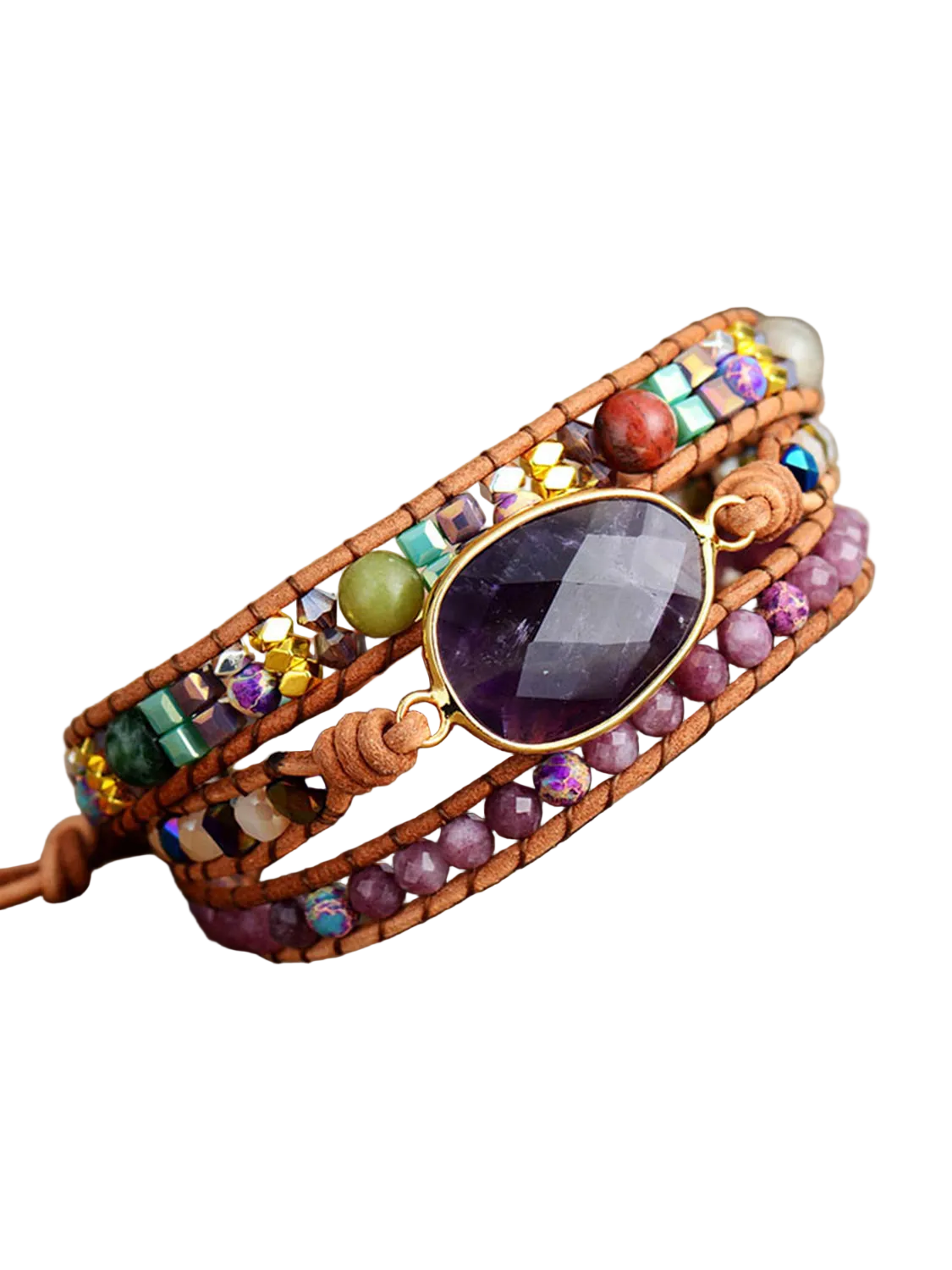 Natural Stone Amethyst Imperial Jasper Agate Multi-Strand Gemstone Wrap Bracelet