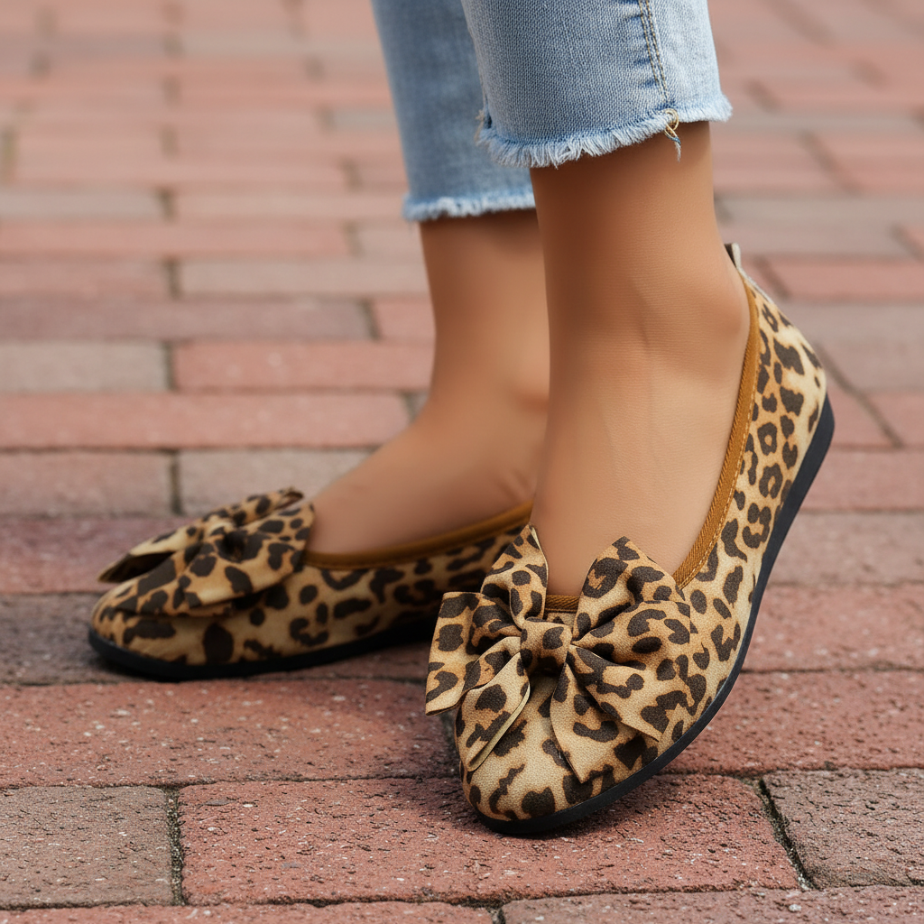 Oversized Bow Statement Leopard Ballet Flats Dramatic Round Toe Slip-On Shoes
