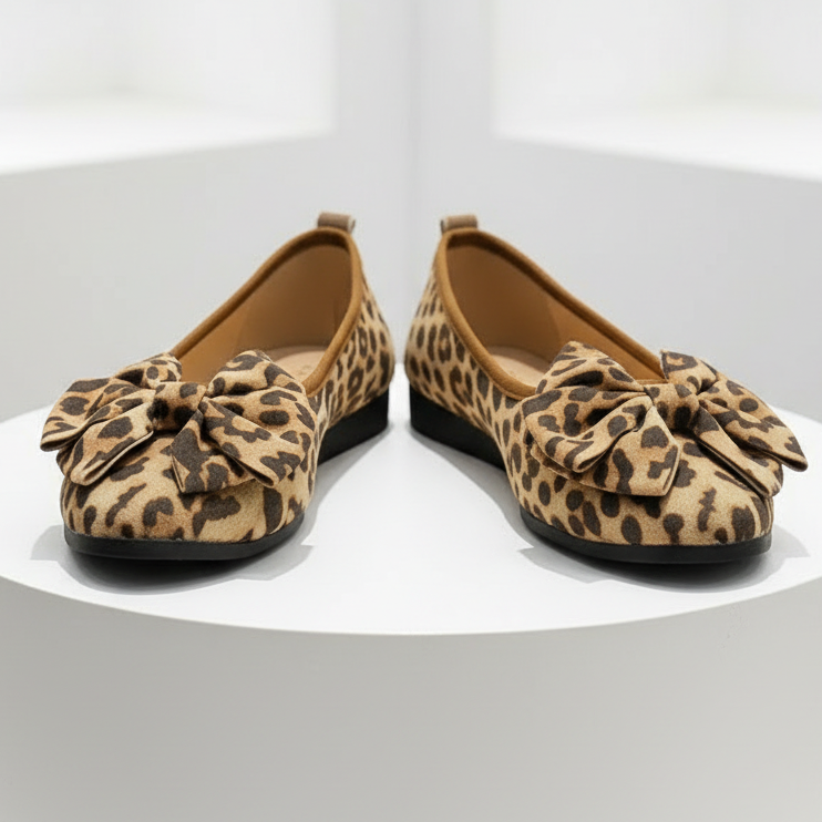 Oversized Bow Statement Leopard Ballet Flats Dramatic Round Toe Slip-On Shoes