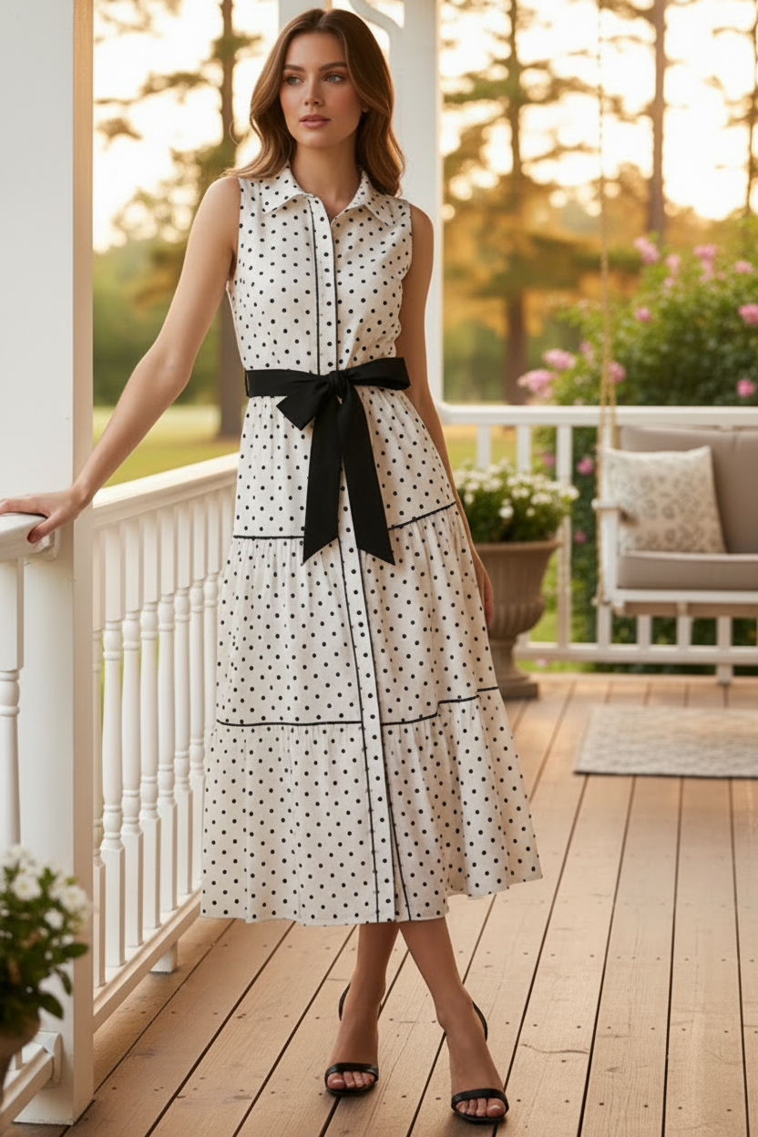Retro Belted Button Down Collared Polka-dot Sleeveless Tiered Midi Shirt Dress