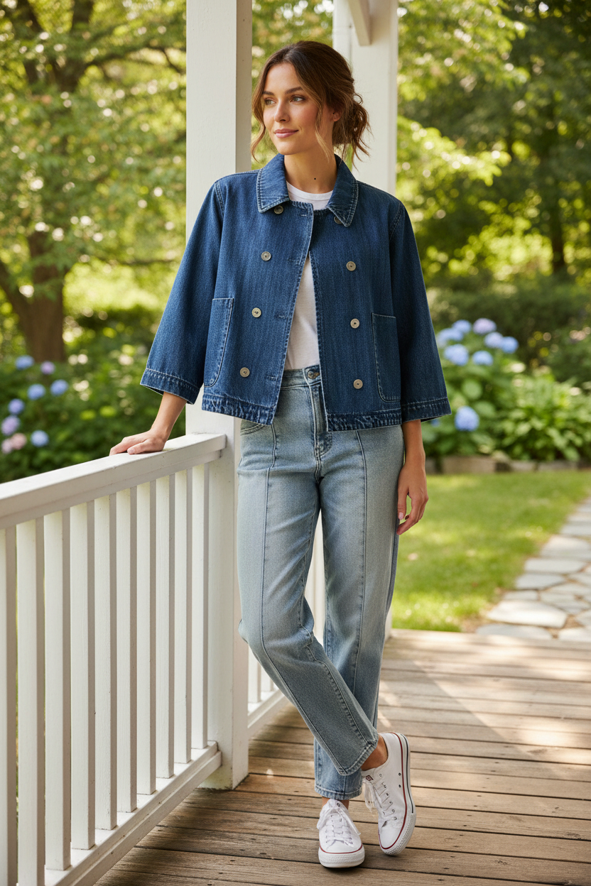 Risen Double-Breasted Cotton Boxy Boyfriend Fit Cropped Baggy Denim Jacket