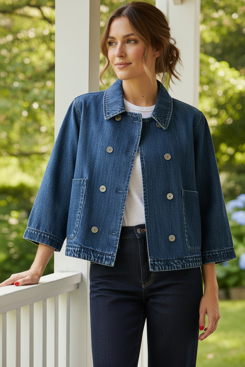 Risen Double-Breasted Cotton Boxy Boyfriend Fit Cropped Baggy Denim Jacket