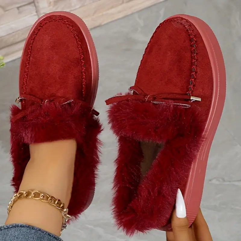 Bow Top Plush Faux Fur Loafers Slip-On Moccasin Soft Flat Outdoor House Shoes