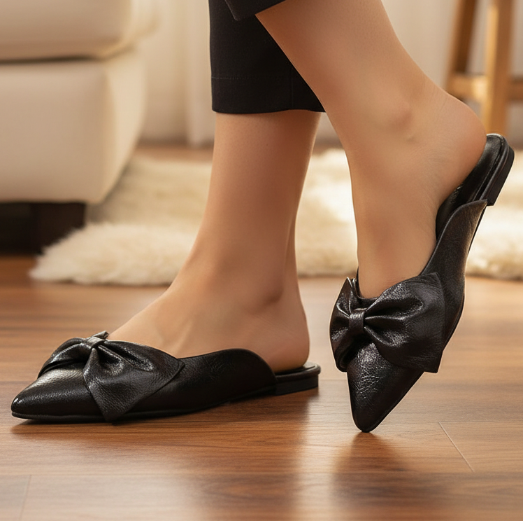 Oversized Bow Faux Leather Pointed Toe Slip-On Shoes