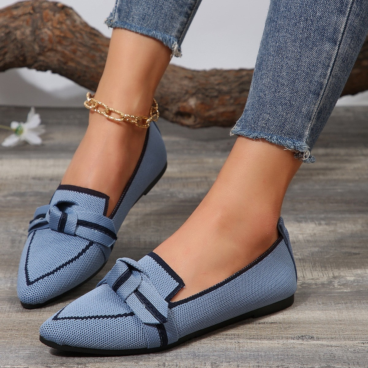 Pointed Bow Top Knit Contrasting Stripe Ballet Flat Casual Loafer Slip-on Shoes