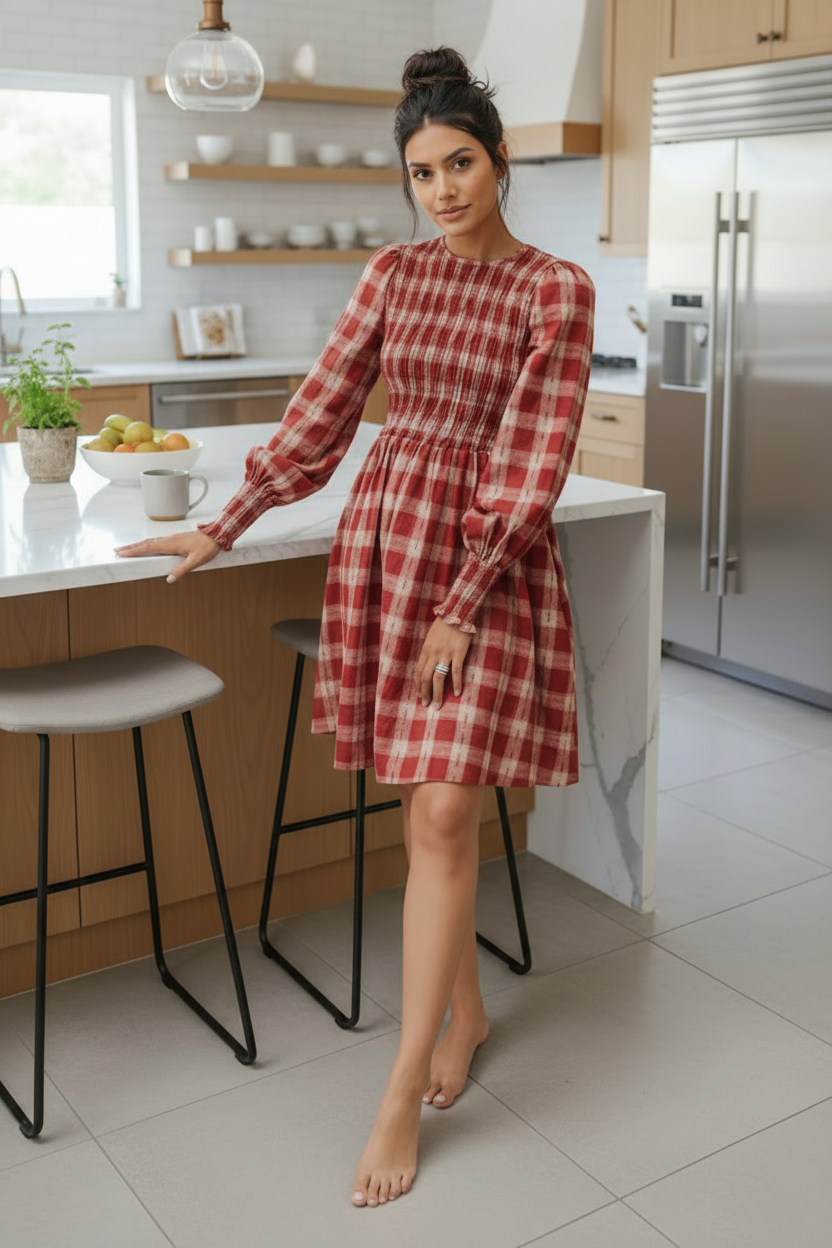 Cotton Plaid Smocked Bodice Puff Long Sleeve Fit and Flare Babydoll Mini Dress