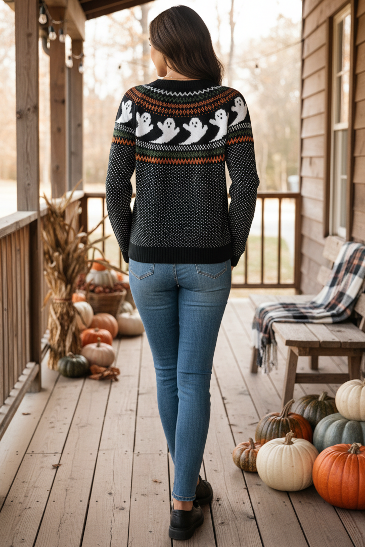 Ghost Fair Isle Button-Front Crew Neck Halloween Spooky Nordic Knit Cardigan