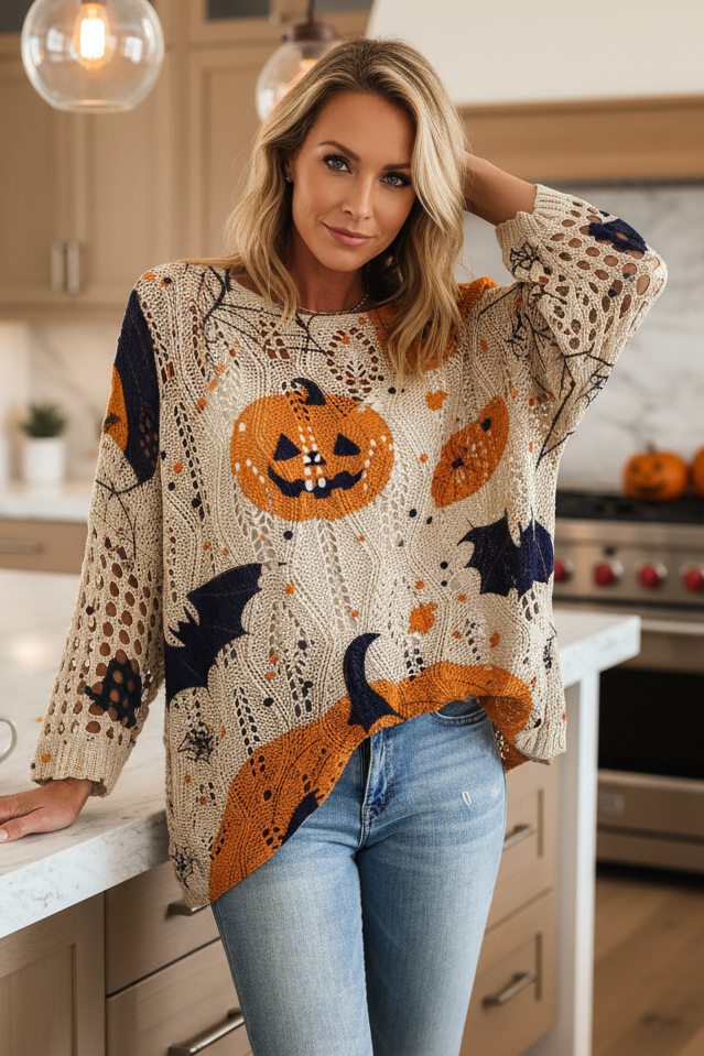 Crochet Openwork Halloween Pumpkin Jack-O-Lantern Colorful Knit Oversized Sweater