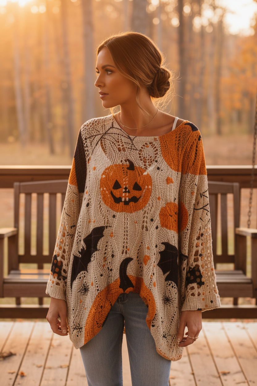 Crochet Openwork Halloween Pumpkin Jack-O-Lantern Colorful Knit Oversized Sweater