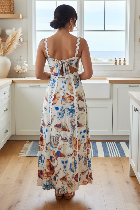 Seashell Ocean Palm Beach Scalloped Trim Cutout Tie Back Coastal Midi Dress