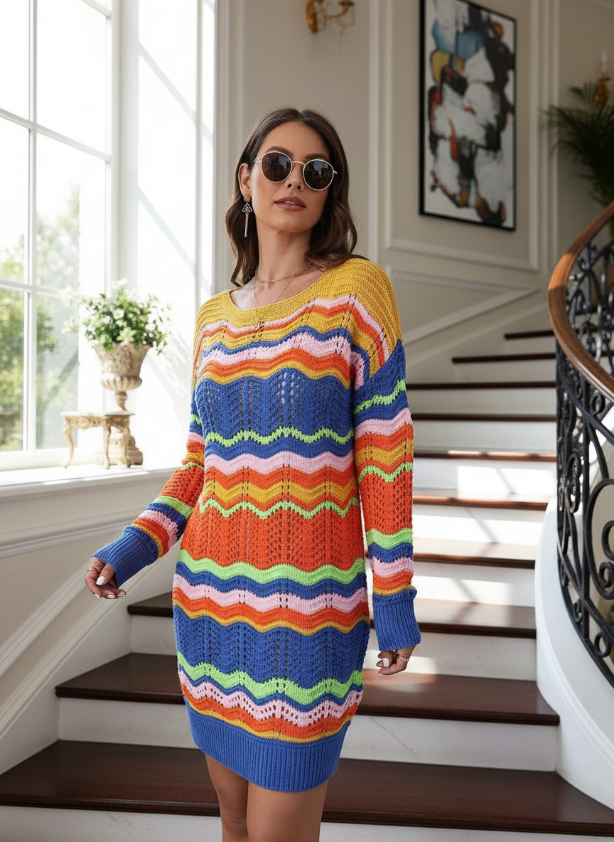Retro 70s Revival Openwork Knit Long Sleeve Mini Sweater Dress Zigzag Stripe