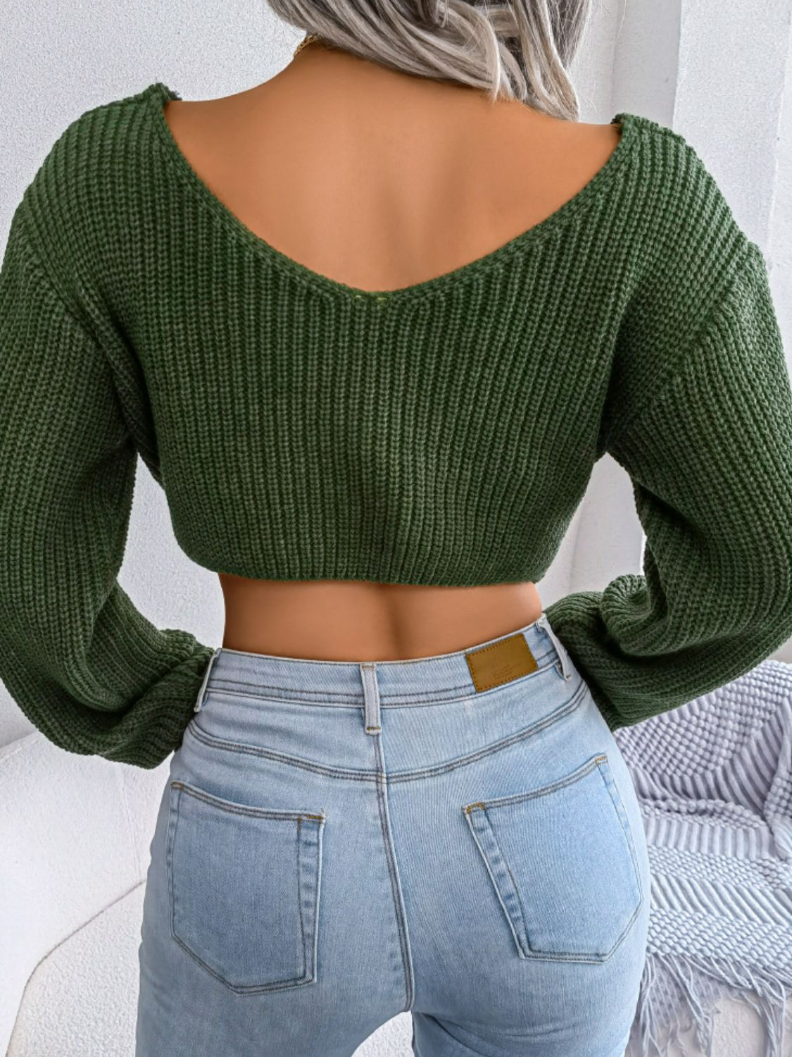 Twist Knot Waffle Knit Sweater Wrap Crop Top Long Sleeve V-neck Shirt