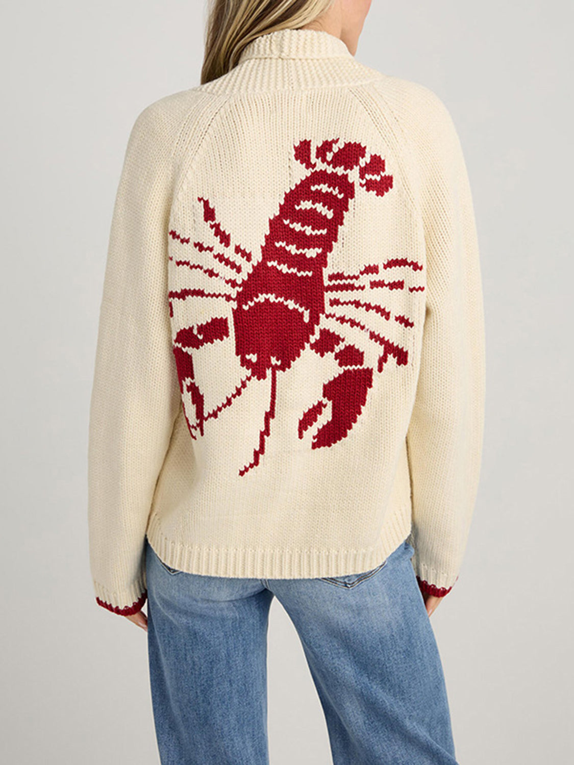 Contrasting Lobster Coastal Print Knit Cardigan Button Long Sleeve Patch Pocket