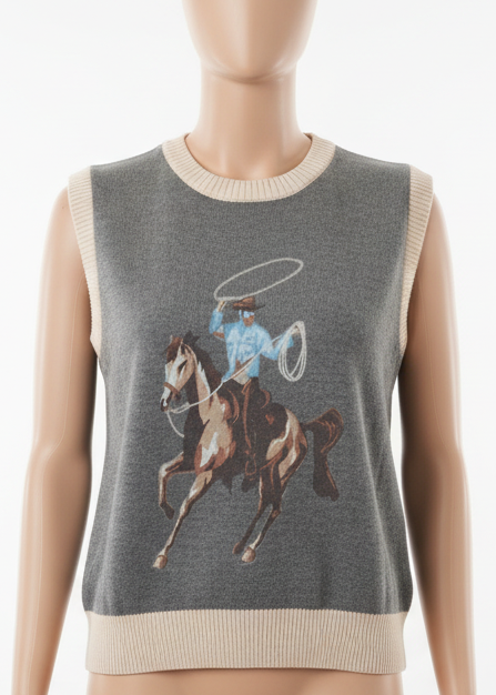 Cotton Rodeo Cowboy Horse Knit Sweater Vest Western Sleeveless Pullover Top