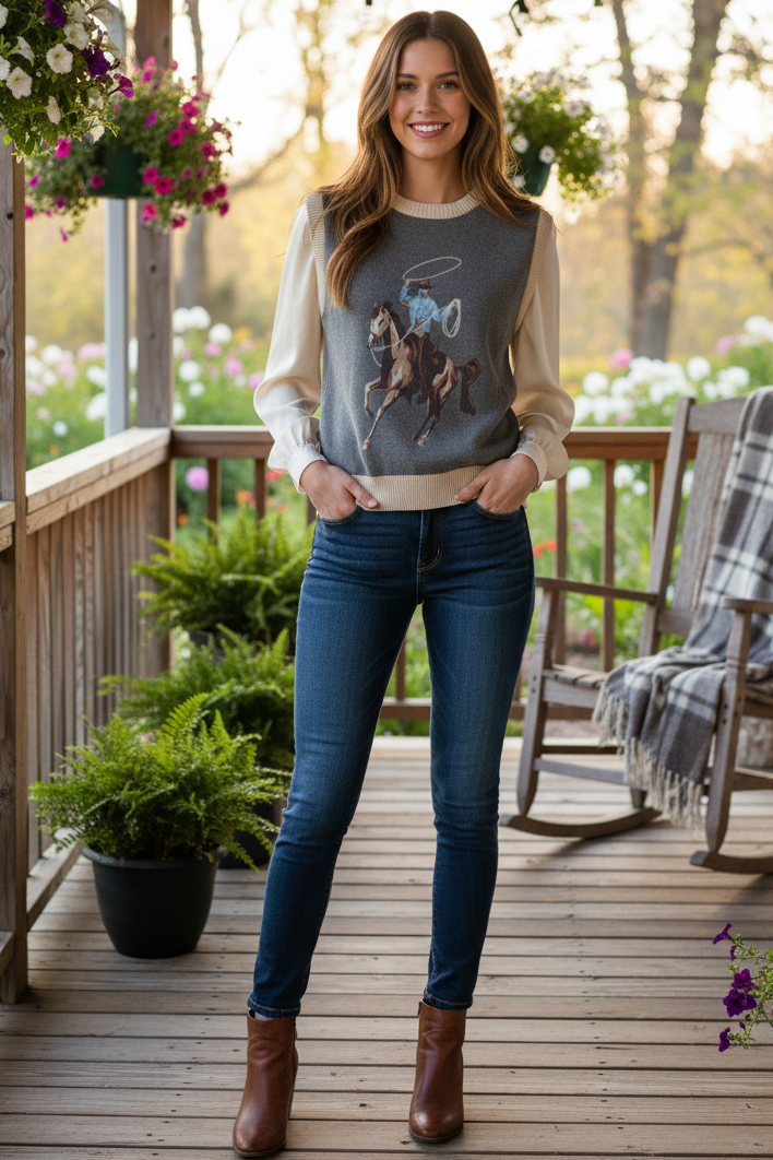 Cotton Rodeo Cowboy Horse Knit Sweater Vest Western Sleeveless Pullover Top