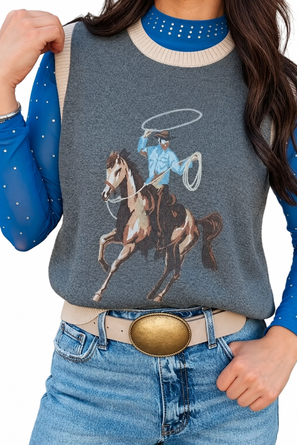 Cotton Rodeo Cowboy Horse Knit Sweater Vest Western Sleeveless Pullover Top