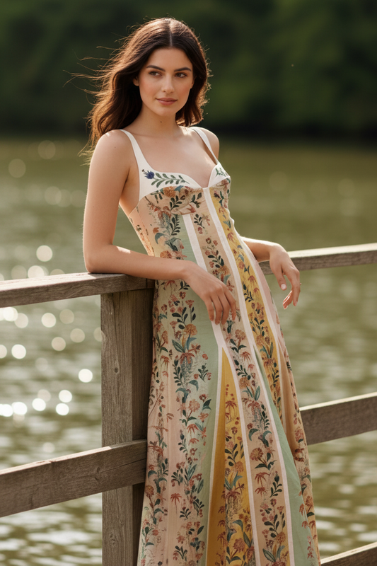 Cotton Blend Retro Floral Panel Boho Sweetheart Neck Panel Patchwork Maxi Dress